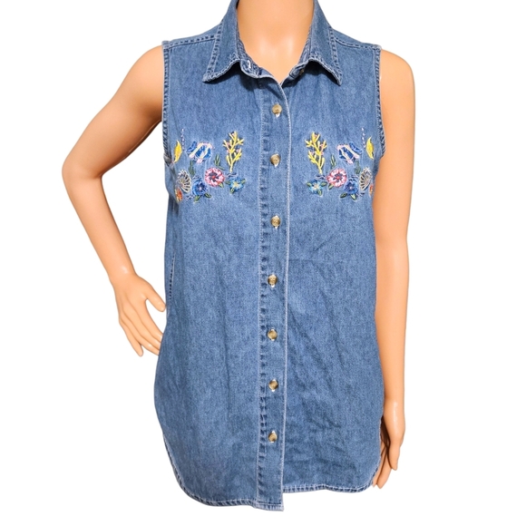 VTG Grannycore Denim Button-Up Vest Wmns M Embroidered Tropical Fish & Seashells - Picture 3 of 12